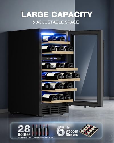 Image of 15 Inch Dual Zone Wine Fridge, 28 Bottles Wine Fridge Under Counter with Removable Shelves & Double-Layer Glass Door, Wine Refrigerators Freestanding or Built-In, Wine Cooler for Home, Office (Black)