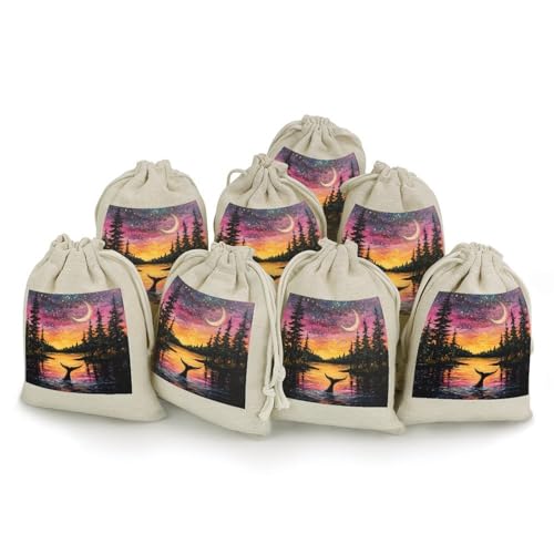 Psychedelic Whale Under The Moon 8 Pack Small Gift Bags Cotton And Linen Drawstring Pockets Sachet Bag for Party Home Supplies