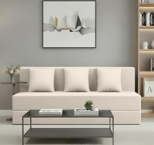 Image of AMATA Instant 3 Seater Foldable Sofa Cum Bed Cream Suede Velvet Fabric with 2 Pillow Perfect for Home Living Office Room and Guests (3 Year Warranty) (Cream, Instant 3 Seater Sofa Cum Bed)