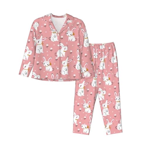 Pyjama lapin blanc femme en coton doux avec taille élastique pour nuit confortable