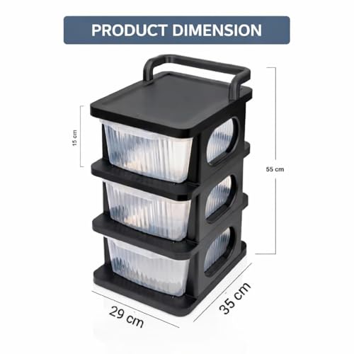 Image of 3 Tier Plastic Storage Drawer /Spacious Organizer with Handle| Modular Storage Rack for Home /Kitchen /Office | Black