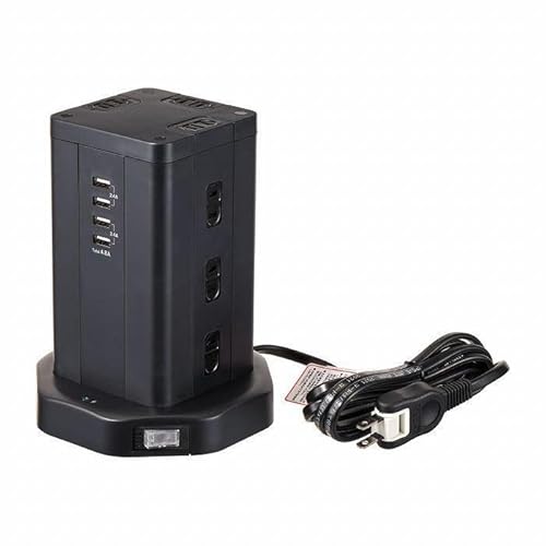 電源タップ 雷ガード USBタワー型集中スイッチ付タップ USB×4ポート 12個口2m WBS-TW1204USB(BK)