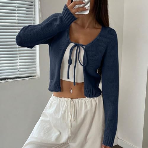 Women Tie Front Knit Crop Cardigan Long Sleeve Open Front Solid Slim Fit Basic Causal Crop Cardigan Sweater2