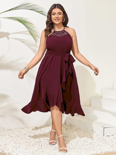 SCOMCHIC Womens Plus Size Summer Dresses Sleeveless Halter Neck A Line High Low Split Ruffle Long Dress with Belt4