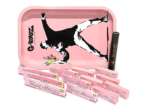 Blazy Susan Mix Bundle -14 Items- Blazy Susan Pink Rolling Paper (3 Packs Of King Size, 3 Packs Of 1 1/4 And 6 Tips) With G-Rollz Tray-Banksy's Flower Thrower And Delacruzv Tube. #TOP3