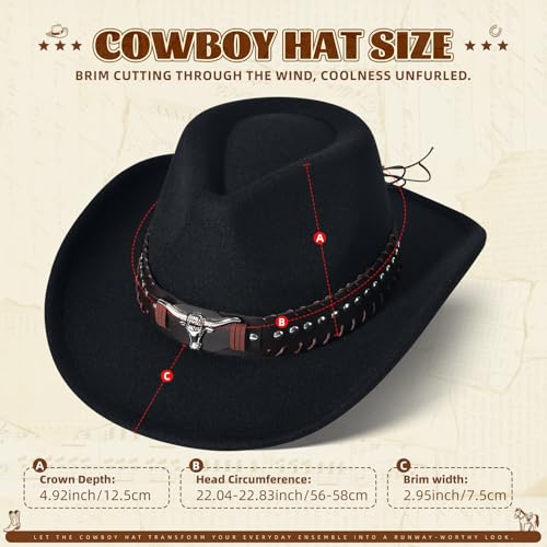 Image of Classic Western Cowboy Hat Cowgirl Hat Unisex Men's & Women's Wide Brim Felt Fedora Hat Flat Top with Buckle Belt