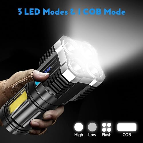 Image of 4-in-1 LED Torch Lights Rechargeable Emergency Torch Light 3W USB Charge Flashlight - High Power Long Distance Beam Range 4 Mode Torch for Outdoor, Indoor, Hiking, Walking, Camping