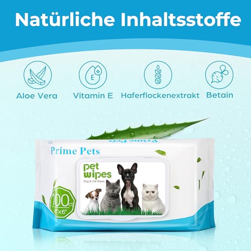 PrimePets Feuchttücher Hund 3×100 Stück, Katzen Feuchttücher, Pflegetücher für Hunde, zur Reinigung von Gesichtern Ohren Pfoten