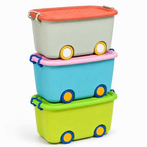 Image of STAR WORK Multipurpose Durable Storage Box Colorful Car-shaped Children's Toy Storage Container with Wheels and Handle (Pack Of 3, 25 Liter) color May very