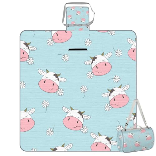 Shimoshe Picnic Blankets 57”x 59”, Flower Cow Waterproof Sandproof Picnic Mat Lightweight Foldable Beach Blanket for Camping Park Grass Beach Outdoor Blanket