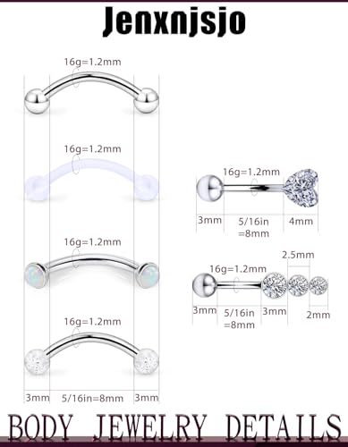 Jenxnjsjo 16g 5/16in Eyebrow/Rook/Snug/Vertical-Labret/VCH/Snake-Eyes/Anti-Tragus/Cartilage/Daith/Belly-Button/Bridge/Hood/Surface Curved Barbell Piercing Jewelry for Women Men3