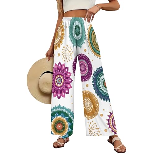 Womens 2025 New Floral Print Wide Leg Pants Lounge Baggy Elastic High Waist Straight Leg Palazzo Trousers