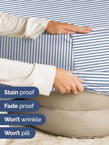 Image of Extra Deep Queen Fitted Sheet - Single Fitted Sheet Only - Blue Stripes | Easily Fits 18 inch to 24 inch Mattress, Soft, Wrinkle Free, Breathable & Comfy, Extra Deep Pockets Hotel Luxury Fitted Sheet