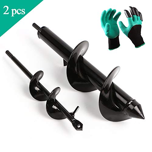 HOTOOLME Earth Auger Drill Bit Set, 2 Pcs Garden Post Hole Digger with Non-Slip Hex Drive, Spiral Rapid Planter Tool for Seedlings Flower Bulbs Planting, with Garden Gloves (12"x3" and 9"x1.6")