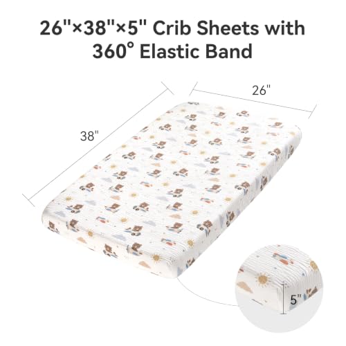 Image of TILLYOU Muslin Mini Crib Sheets 2 Pack, Pack and Play Mattress Sheets Fitted for Pack N Play, 38 x 26 Sheet for Toddler, Pilot Bear