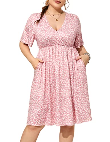 Image of ShopWonder Plus Size Dress Women's V Neck A-Line Knee Length Wrap Swing Dresses Plus Size A Line Party Mini Dress