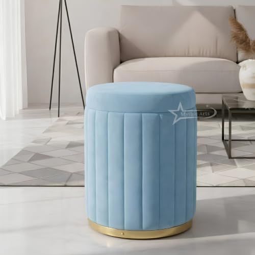 Image of Round Strip Stool with Cushion Foot Rest Office Stool Pouf Ottoman Padded Seat in Living Room (Sky Blue)