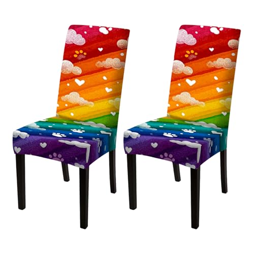 Image of Nuxovilar Rainbow Cloud Paw Print Stretch 23.6x70in 2PCS Chair Covers | Stretch Slipcover Cute Protector Stripe Wrap Seat Guard Dining Room Kids Bedroom Pet Cafe (Rainbow Paw)