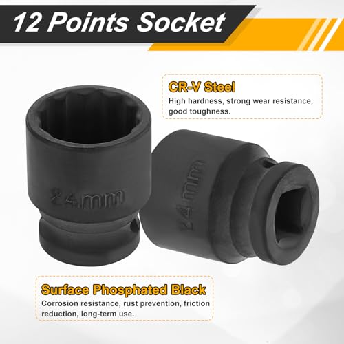 Image of HARFINGTON 1 /2 inch Drive x 24mm Shallow Impact Socket 12-Point Metric CR-V Steel Spindle Nut Impact Flip Sleeve for Home Auto Nuts Bolts Repair