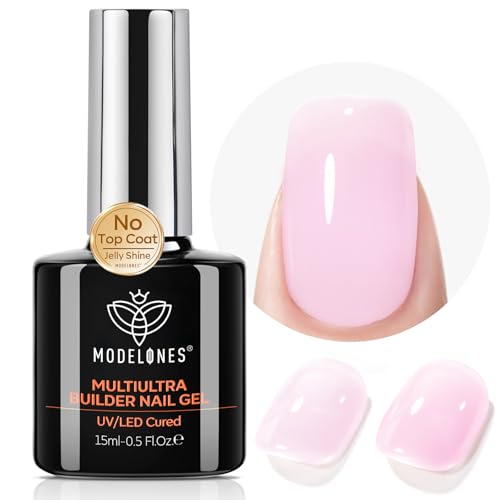 Image of modelones Builder Nail Gel, Baby Pink Builder for Nails No Top Coat Needed, C-Curve Sculpting, Glossy Jelly Finish Light Pastel Pink, No-Wipe, 9-in-One LED Lamp Cured Color Rubber Base Gel Polish