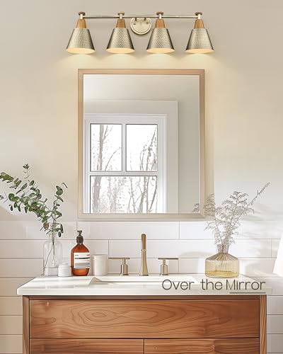 Image of FEMILA Vanity Lights, 4-Lights Bathroom Light Fixtures Over Mirror, Antique Brass Wall Sconces Lamp with Hammered Metal Shade Finish, 4FG59B-4W BG