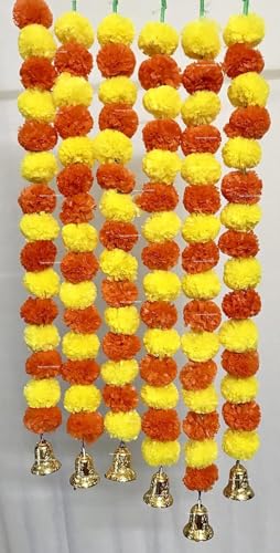SPHINX Artificial Marigold Fluffy Flowers and Golden/Silver Hanging Bells...