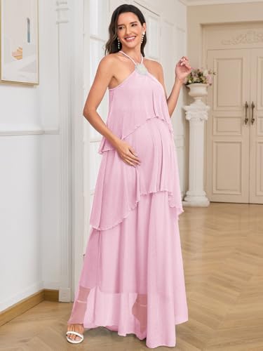 Image of AISWI Maternity Halter Neck Maxi Dress Sparkly Mesh Tiered Ruffle Pregnancy Gown with Flower for Baby Shower Photoshoot
