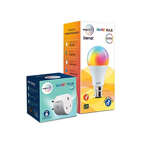 Image of Wipro Smart Home Combo 10Amp Smart Plug & 12.5 W Smart Wi Fi LED Bulb with Music Sync | Suitable For Bedroom, Hall, Kitchen | Alexa & Google Assistant Enabled | 1 B22 Smart Bulb, 1 Smart Plug