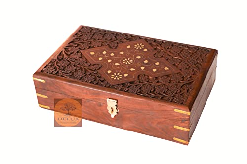 Image of Handcrafted Wooden Jewellery Box for Women Jewel Organizer Hand Carved Carvings Gift Items, 12 * 8 Inches