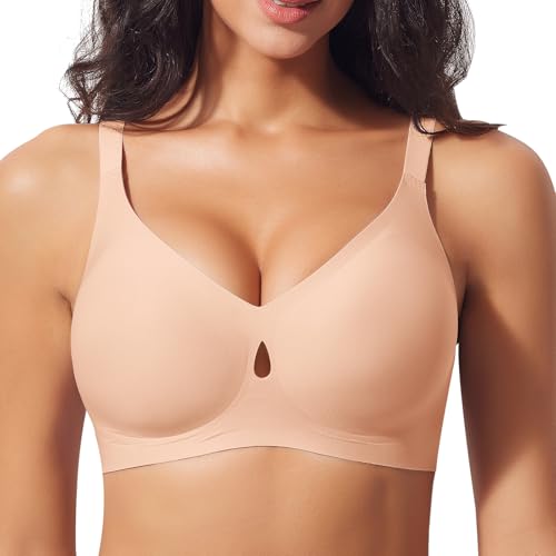Sujetador para mujer sin aros, sin costuras, cómodo, sin aros, suave, con realce, con pechos grandes, acolchado, brasier suave, cuello en V, brasier tipo camiseta, beige, S