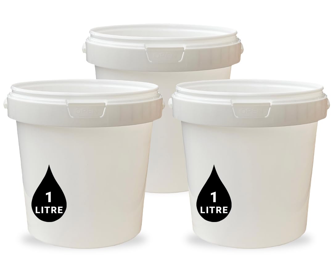 3 x 1L Plastic Bucket Pail + Handle & Lid - Heavy Duty ¦ Food Grade BPA Free ¦ Multi-use Fermentation Feed Dry Food Liquid Chemicals Hydroponics Storage Container WHITE — image 1