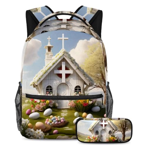 Cartable ensemble 3 pièces pour garçons et filles avec sac à dos multicolore motif maison de Pâques