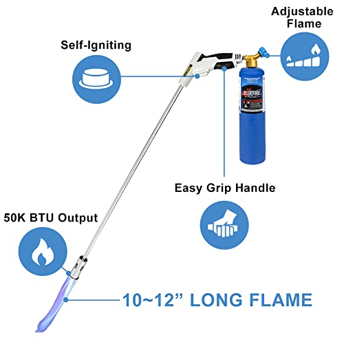 Bluefire 35" Long Propane Torch Weed Burner Self Igniting Cord Free Flamethrower Weed Torch Propane Burner For Yards, Lawns, Garden Work, Bbq Pits, Ice Melting #TOP1