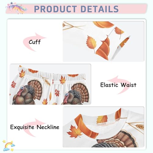 Pajama Sets Long Sleeve Autumn Turkey with Leaves Pumpkins Soft Comfy Sleepwear 2 Piece PJS 3-8T4