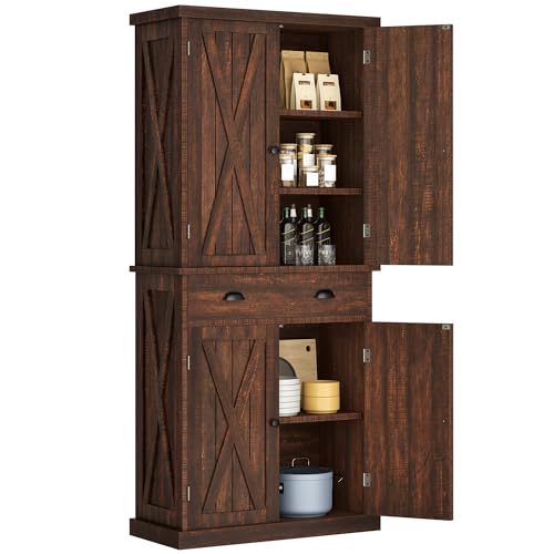 DWVO 72'' Farmhouse Kitchen Pantry, Rustic Wood Kitchen Storage Cabinets with Adjustable Shelves & Drawer, Tall Freestanding Cupboard for Dining Room, Living Room, Drak Brown
