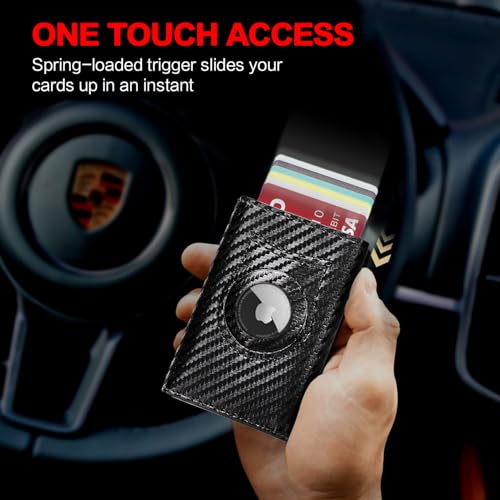 Image of Wallet for Men Minimalist Compact Pop Up Credit Card Holder, Front Pocket Smart RFID Blocking Mens Slim Wallet,Ultra Thin Trifold Mens Leather Wallets Metal (Black-Carbon Fiber 13 Card Capacity)