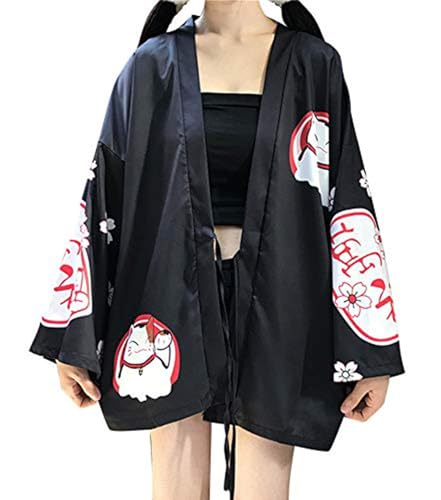 Image of LAI MENG FIVE CATS Women's Lucky Cat Cardigan Kimono Loose Cover up Casual Blouse Cute Tops
