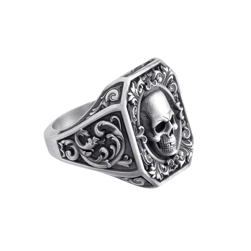 Baroque Skull Signet Ring, Sterling Silver Gothic Biker Jewelry, Memento Mori Statement Rings, Victorian Skull Ring For Men