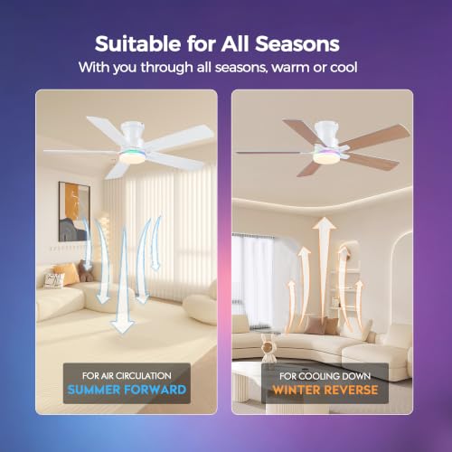 Image of JSAITEE 52in Flush Mount Ceiling Fans with Lights Low Profile, White RGB | Ceiling Fans with Lights Flush Mount Low Profile, Reversible Motor, 3CCT Dimmable, Noiseless, 6 Speeds, White Modern