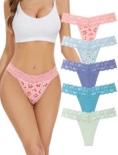 voenxe Seamless Women Thong,No Show Lace Underwear,Cotton-Like Soft Undies