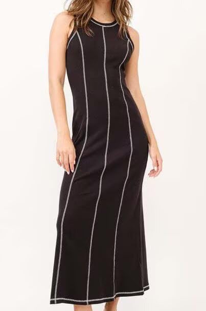 Image of Women's 2025 Summer Sundress Elegant Casual Crew Neck Sleeveless Knit Striped Bodycon Maxi Dress