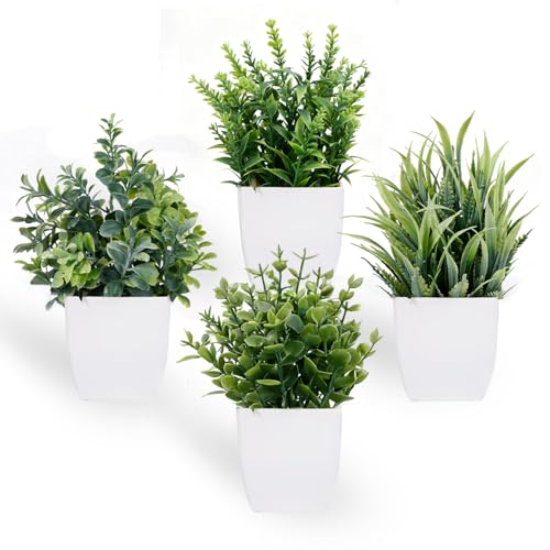 msymsyu Plantas artificiales con maceta, 4 unidades, plantas artificiales, pequeñas plantas verdes, decoración de plástico, decoración de interior, para oficina, casa, dormitorio, sala de estar, baño