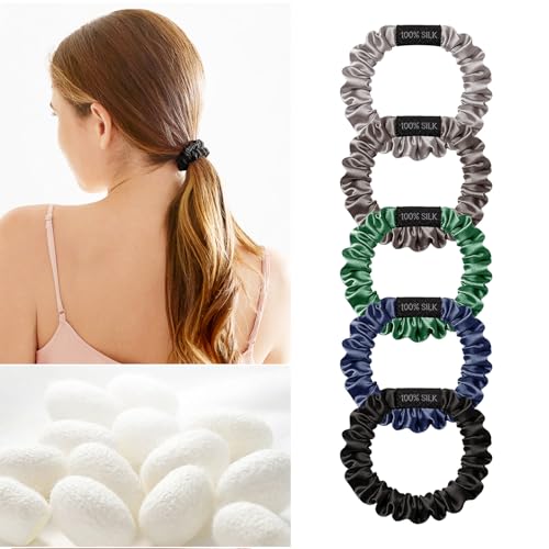 Image of THXSILK 100% Mulberry Silk Scrunchies 5-Pack, 25 Momme Mulberry Silk Hair Ties for Women, Sleek Low Profile No Damage Ponytail Holders, for Fine Hair & Everyday Use, Dark Colors