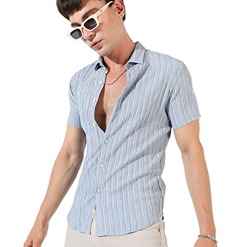Image of CAHOOT Men's Button Up Shirt for Casual Wear | Regular Fit | Poly Lycra Shirt Crafted with Short Sleeve & Enhanced Stretch Comfort Fit for Everyday Wear
