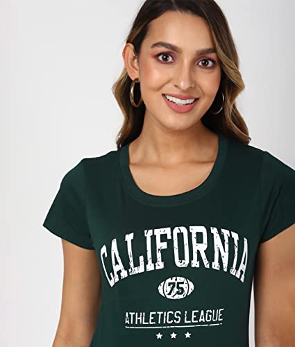 Image of UrbanMark Women 100% Cotton Round Neck Text Printed Half Sleeves T-Shirt - Green