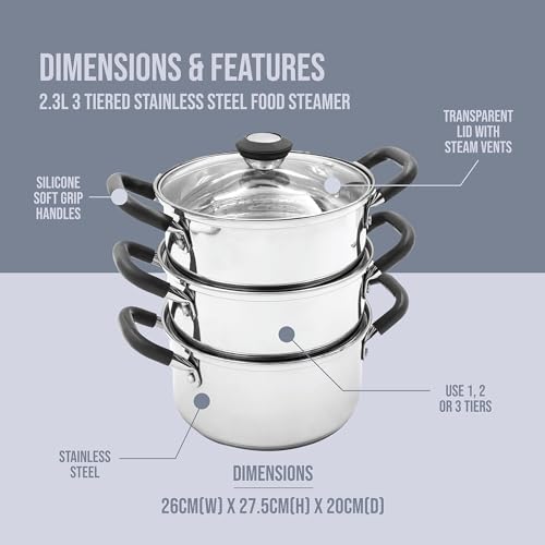 Blackmoor 69849 3-Tiered Food Steamer with 2.3L Capacity/Stainless Steel/Tempered Glass Lid with Steam Vent/Cool Touch Handles/All Hob Types Including Induction - Image 3
