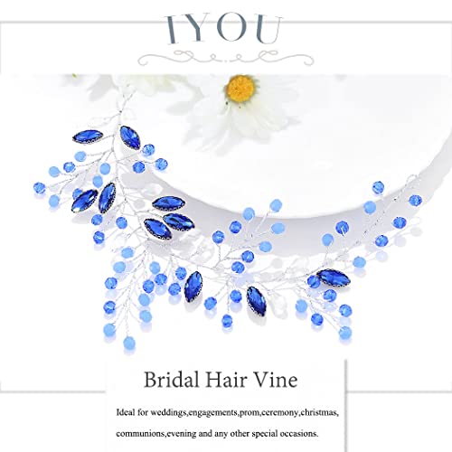 IYOU Bridal Wedding Hair Vine Blue Crystal Hair Piece Beads Headband Bride Bridesmaid Hair Accessories for Women - Image 2