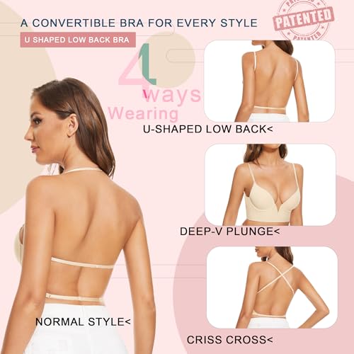 Image of Low Back Bras-Seamless Deep-V Plunge Invisible Backless Bra-Underwire Lightly Lined Halter Multiway Low Cut Bra