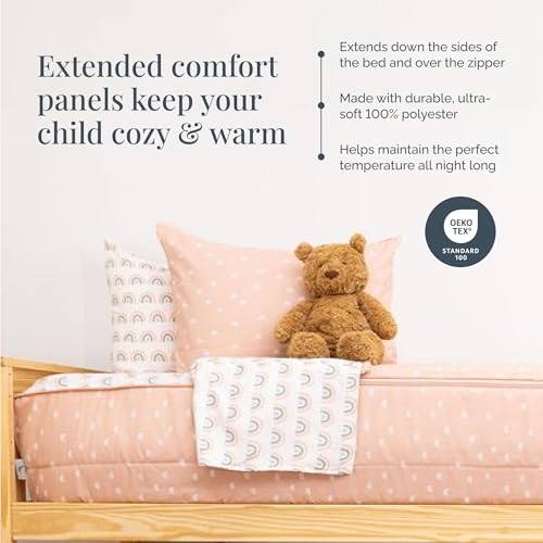 Image of Beddy's Rainbow Theme Durable Zipper Bedding for Kids - Bed in a Bag - White Rainbow Sheets & Peach Comforter - Includes Pillowcase & Sham - Easy to Make & Wash - Twin