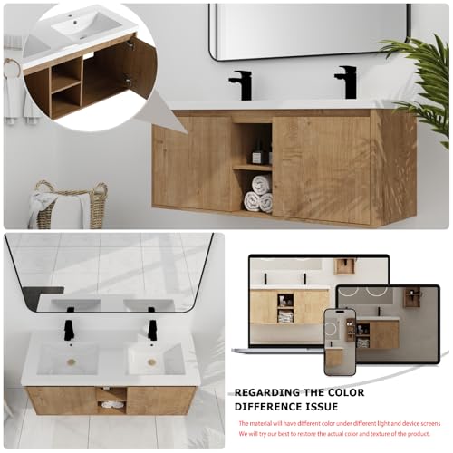 Image of Floating Bathroom Vanity, 48 inch Bathroom Storage Cabinet with Double Resin Sinks, 2 Soft-Close Doors & 2 Open Storage Shelves, Modern Wall-Mounted Vanity with 45 Bevel Handles, Oak